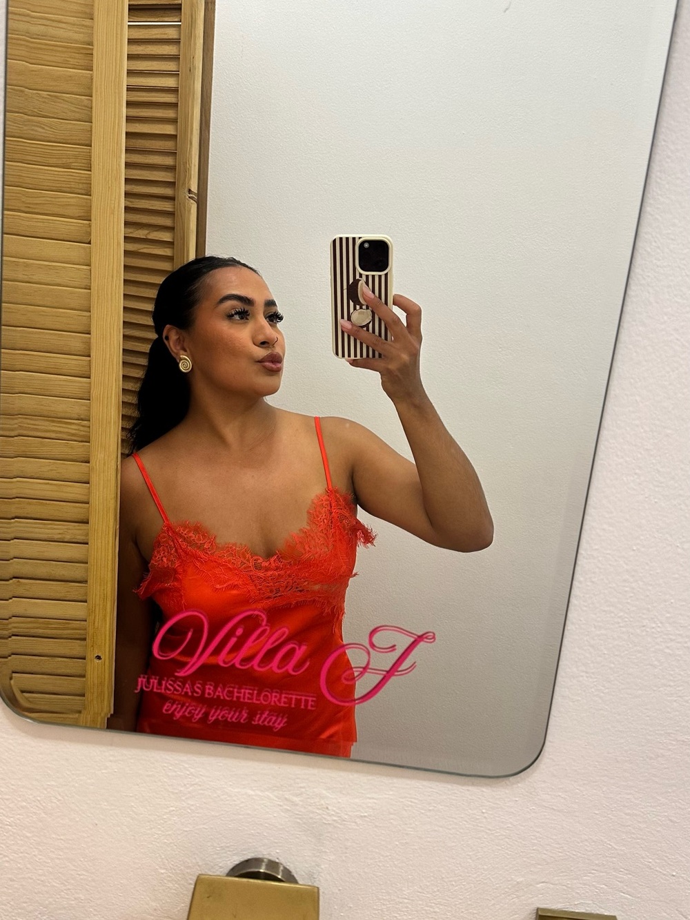 Lace-Trim Satin Midi Dress - Orange